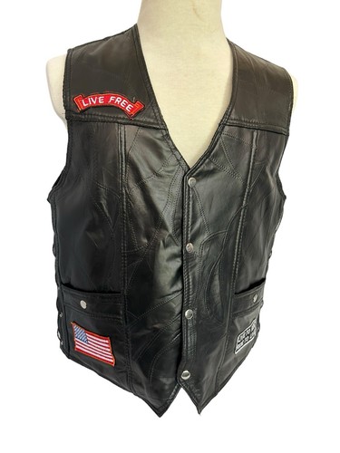 Leather black biker vest - biker, xl